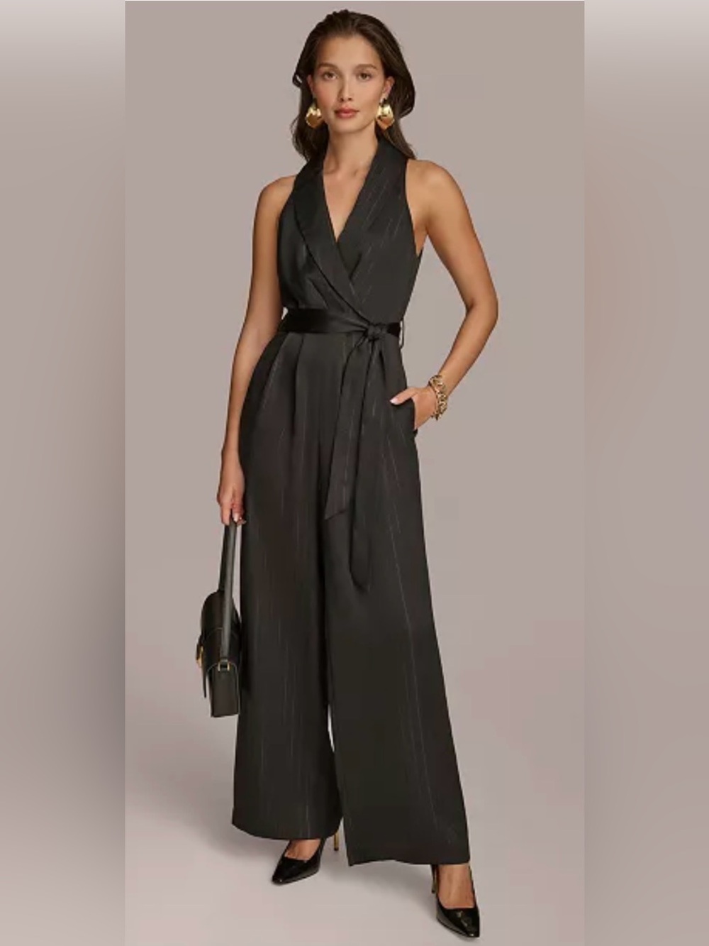 Donna Karan Black Sleeveless Wrap Maxi with Self-Tie Waist